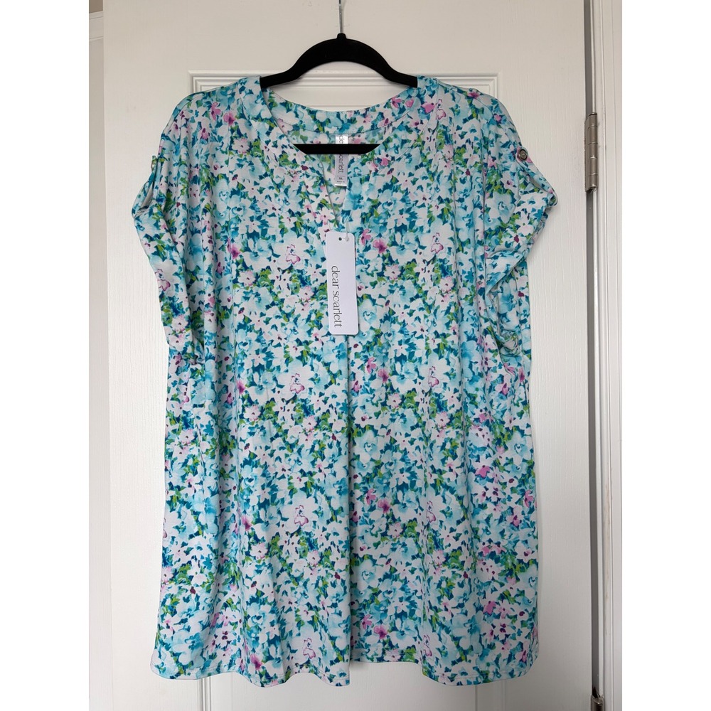 Dear Scarlett Womens Floral V-Neck Cap Sleeve Blouse Blue Green XL LIZSS-C0123P